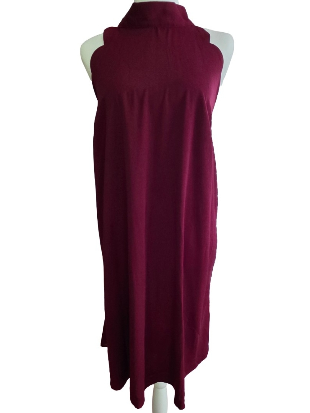 Sleeveless Burgundy Scallop-Shoulder Swing Dress